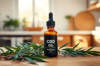 Showcase of CBD Oil with fresh hemp leaves in a serene kitchen setting