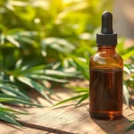 Showcasing a CBD oil bottle amidst hemp leaves, highlighting natural wellness.