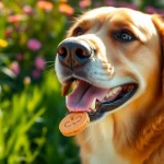 Engaged dog exploring CBD For Pet chew in a sunny garden, radiating joy and relaxation.