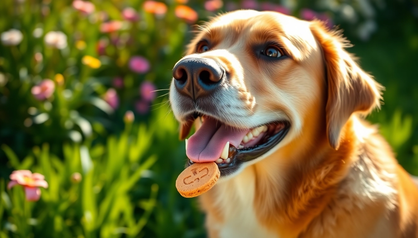 Engaged dog exploring CBD For Pet chew in a sunny garden, radiating joy and relaxation.