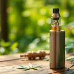 Showcase a sleek Cannabis Vape on a wooden table, surrounded by lush greenery for a refreshing vibe.