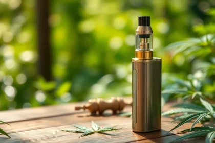 Showcase a sleek Cannabis Vape on a wooden table, surrounded by lush greenery for a refreshing vibe.