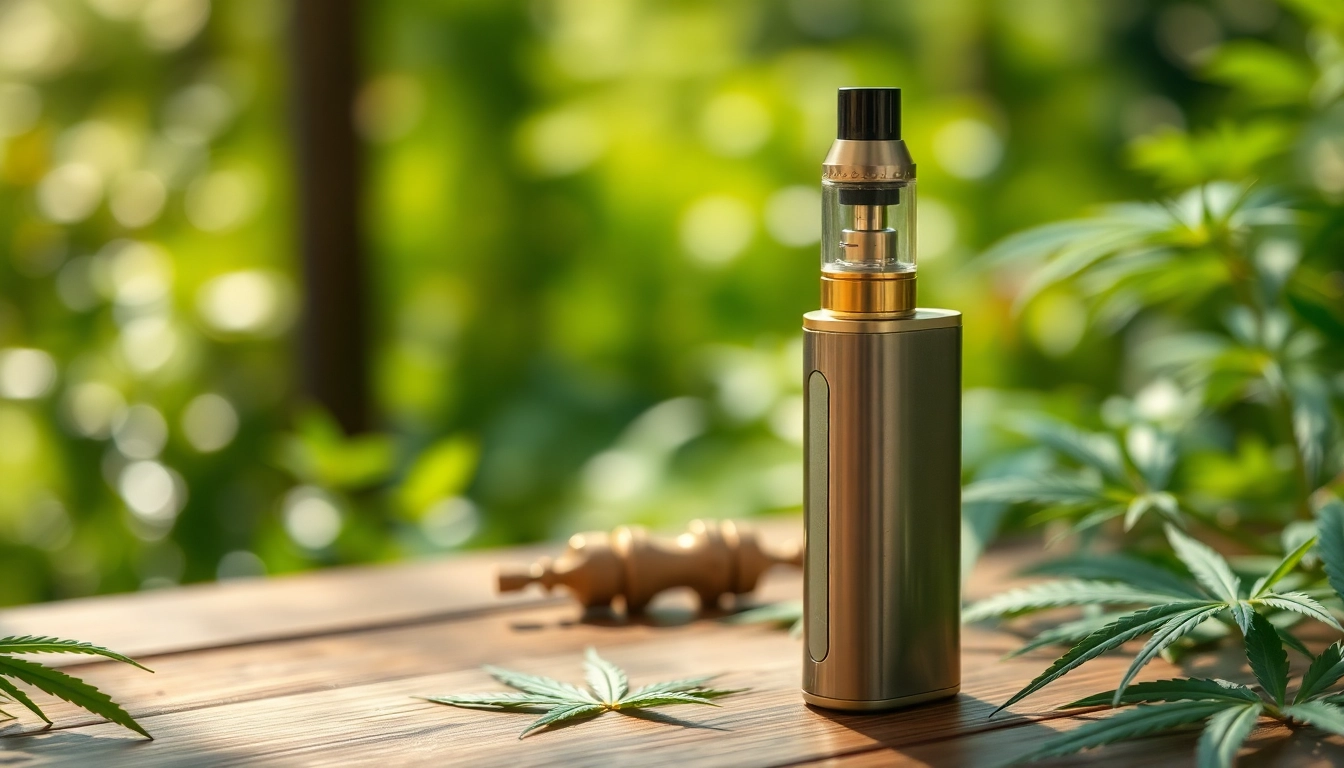 Showcase a sleek Cannabis Vape on a wooden table, surrounded by lush greenery for a refreshing vibe.