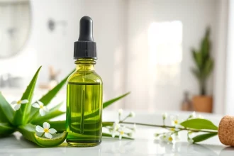 Apply CBD oil for skin in a calming skincare setup with beautiful natural elements.