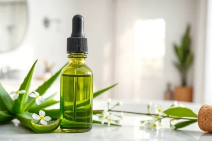Apply CBD oil for skin in a calming skincare setup with beautiful natural elements.