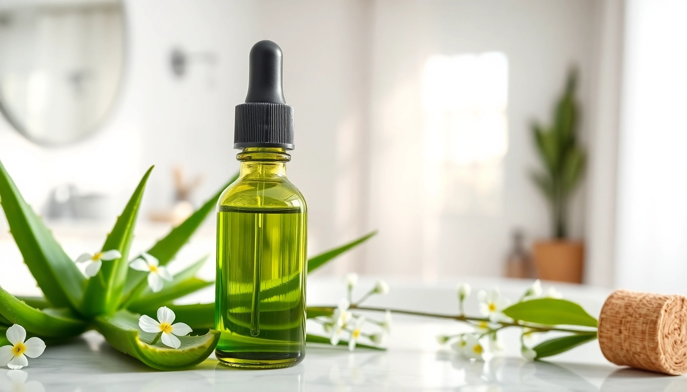 Apply CBD oil for skin in a calming skincare setup with beautiful natural elements.