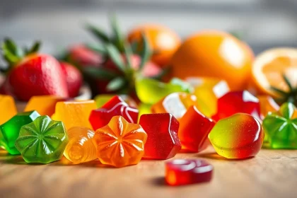 Indulge in vibrant Weed Gummies featuring fruit flavors and a glossy finish, beautifully arranged.