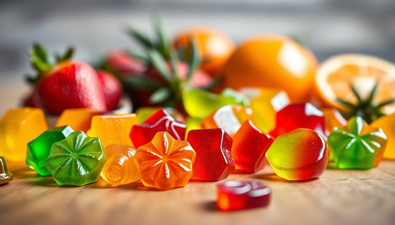 Indulge in vibrant Weed Gummies featuring fruit flavors and a glossy finish, beautifully arranged.