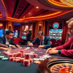 Players immerse in an exciting win55 poker game, capturing the thrill of casino action and vibrant atmosphere.