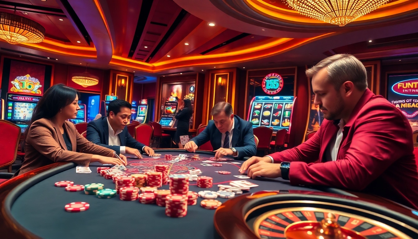 Players immerse in an exciting win55 poker game, capturing the thrill of casino action and vibrant atmosphere.