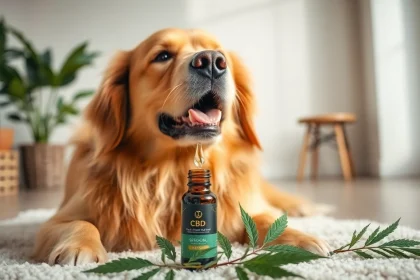 Administering CBD Oil For Dog to a golden retriever in a warm home setting.