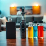 Showcase vibrant Vape & E-Liquids bottles and a sleek vaporizer in a cozy setting