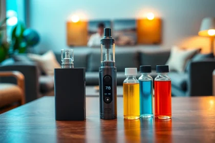 Showcase vibrant Vape & E-Liquids bottles and a sleek vaporizer in a cozy setting