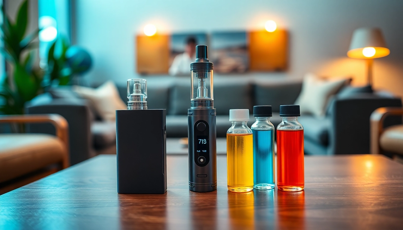 Showcase vibrant Vape & E-Liquids bottles and a sleek vaporizer in a cozy setting
