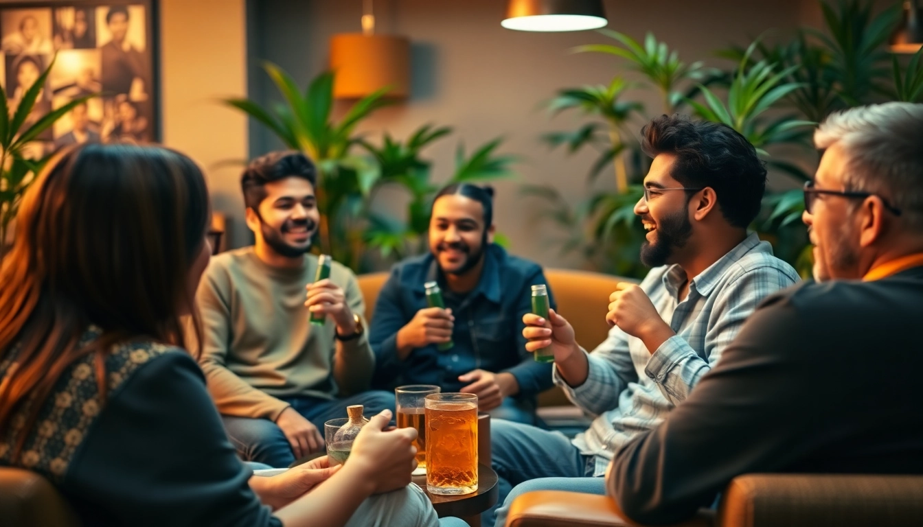 Cannabis social club members enjoying a relaxed atmosphere in a cozy lounge.