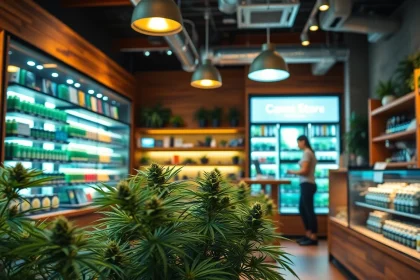 Browse premium cannabis selections at a vibrant Weed Store with warm ambiance.