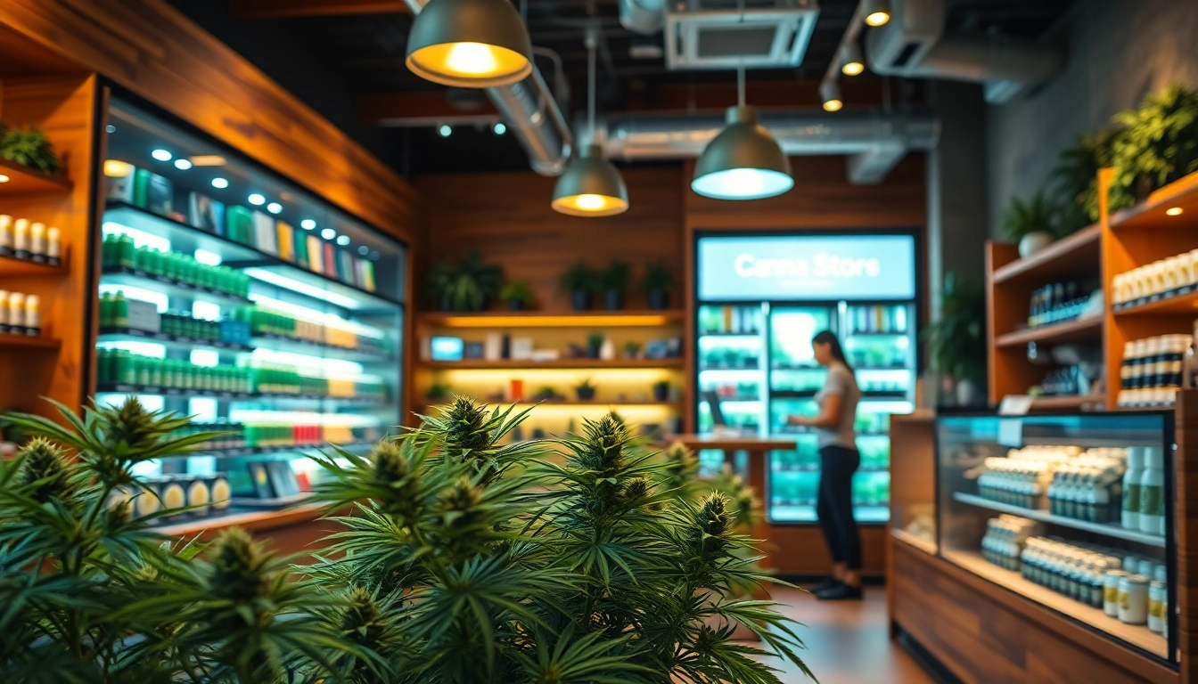 Browse premium cannabis selections at a vibrant Weed Store with warm ambiance.
