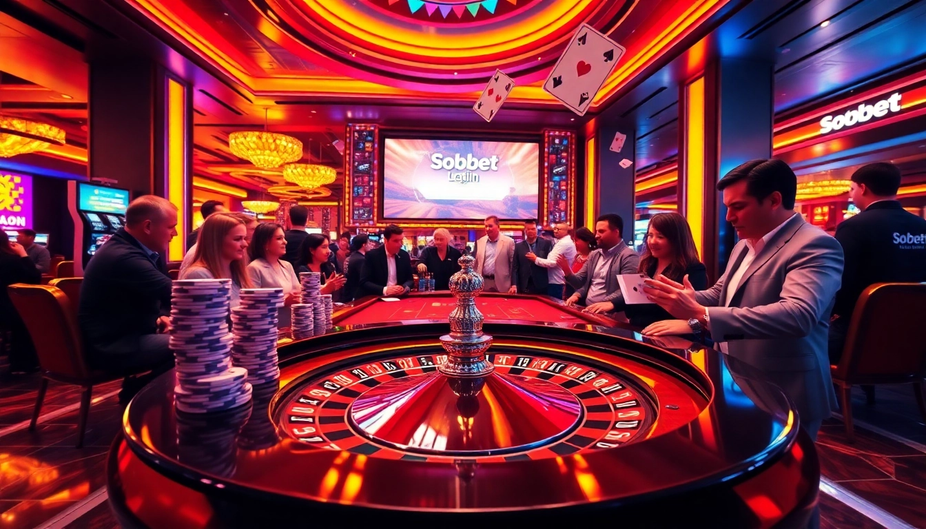 Sbobet login interface highlighted amidst an exciting casino scene showcasing players betting at tables.