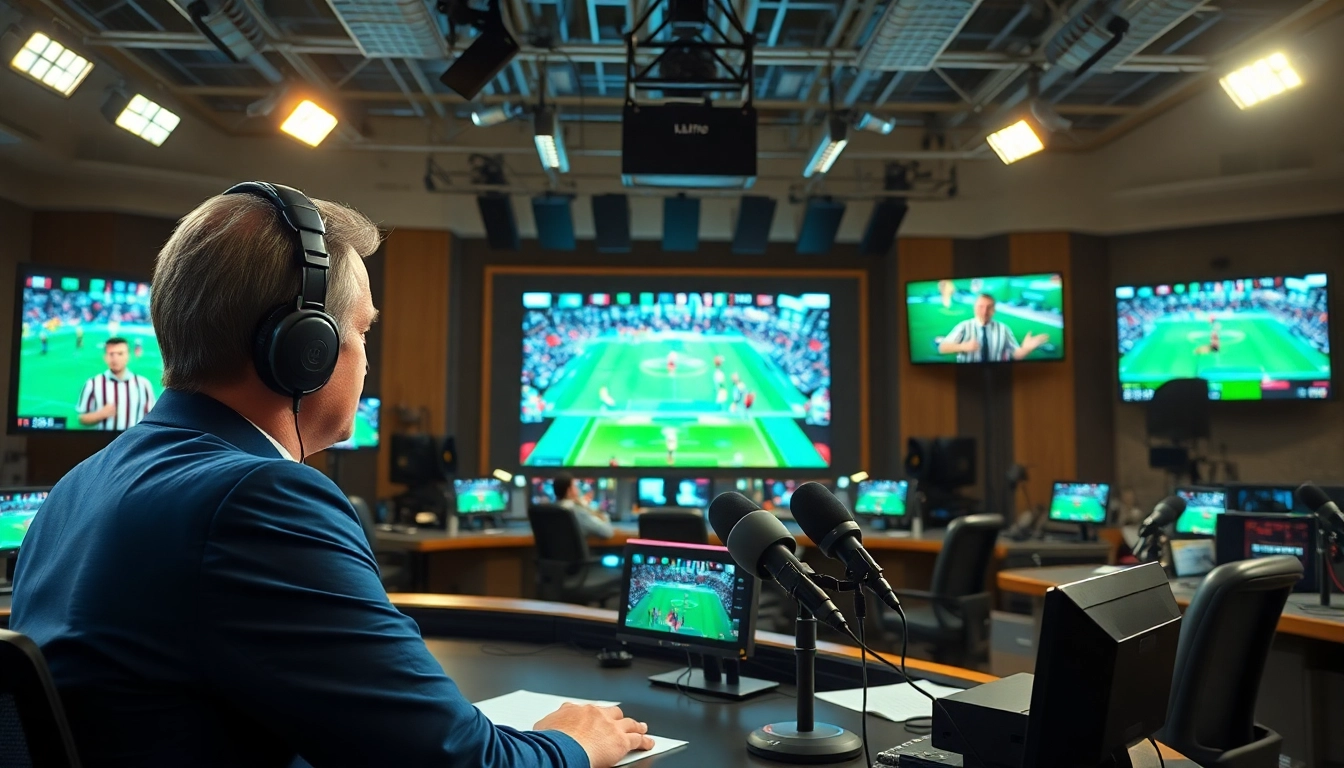 Engaging sports broadcasting studio with live commentary and vibrant screens.