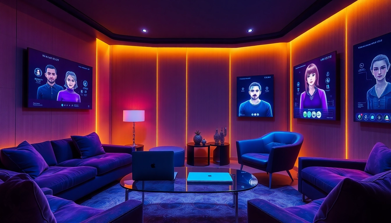 Engaging in ai porn chat within a modern, intimate setting enhanced by interactive AI features.