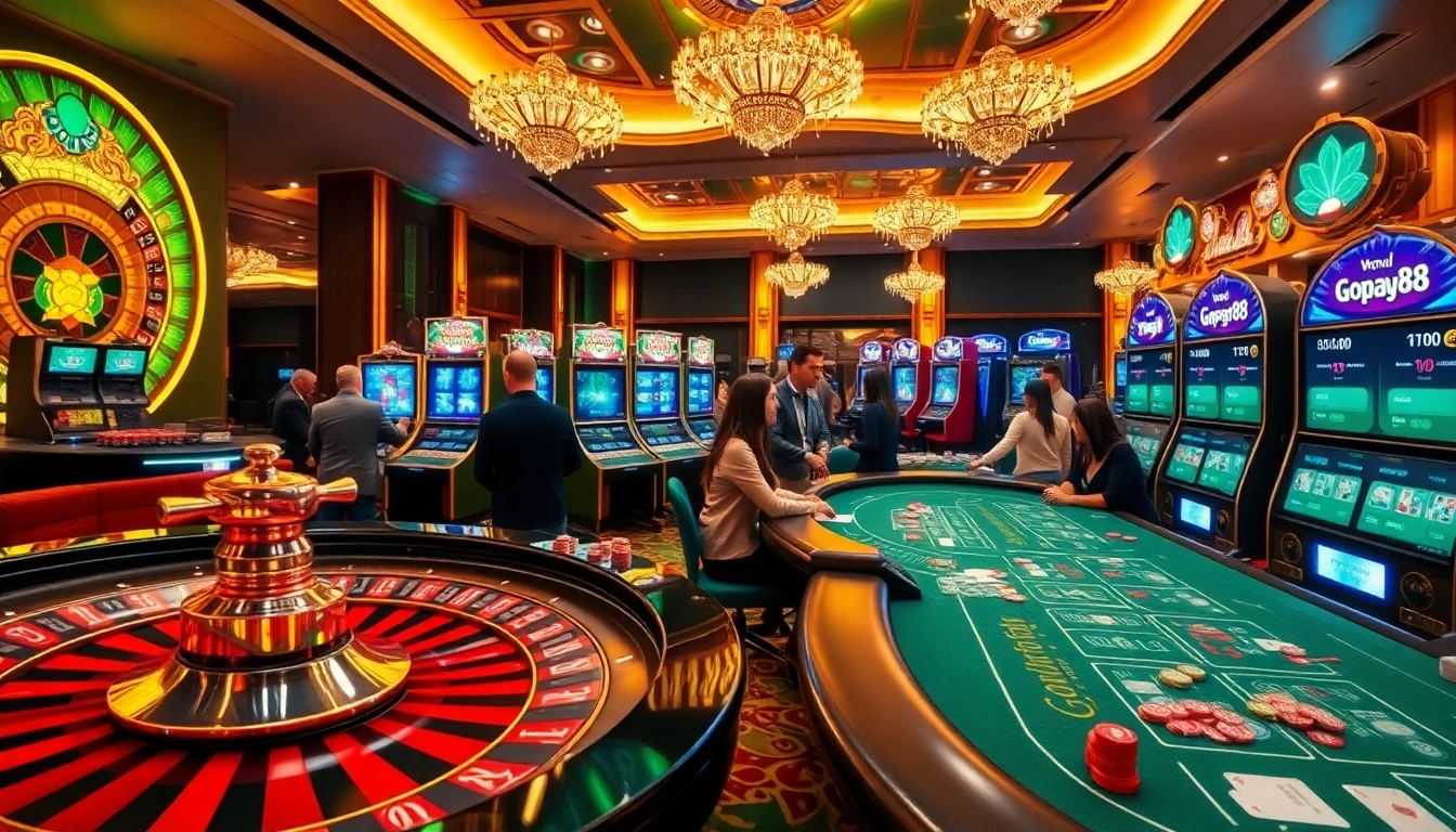 Action-packed scene of online gamblers enjoying games at Gopay88 casino with vibrant slot machines and roulette.