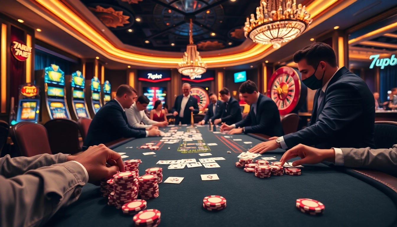 Experience the thrill of gambling at 7upbet with a lively poker table and vibrant casino atmosphere.