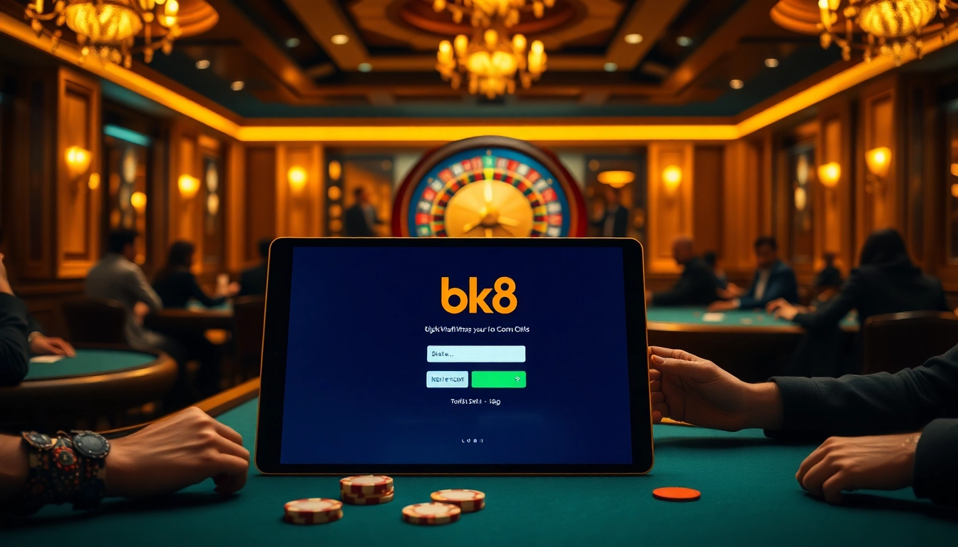 Engaged players enjoying bk8 login at a luxurious casino table, highlighting poker chips and cards.