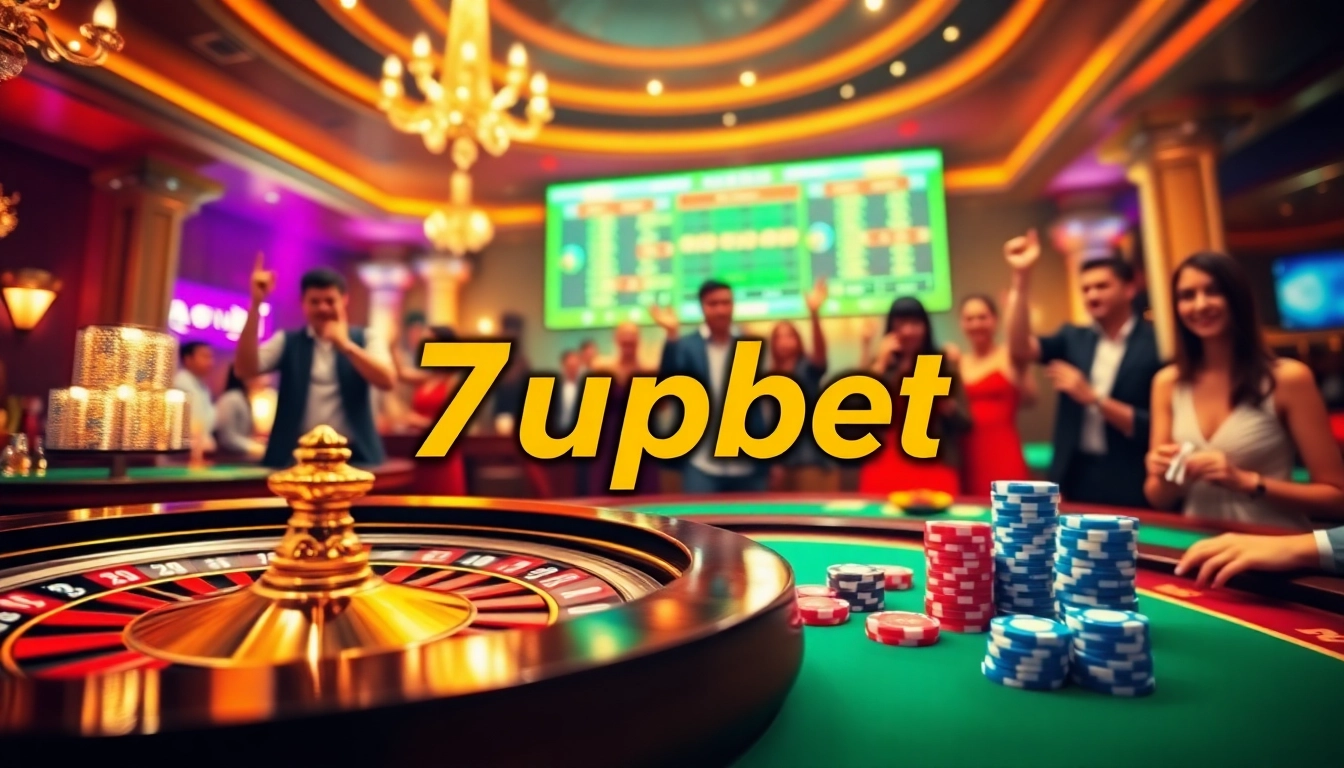 7upbet players engaging in exciting online casino activities with poker chips and a roulette wheel.