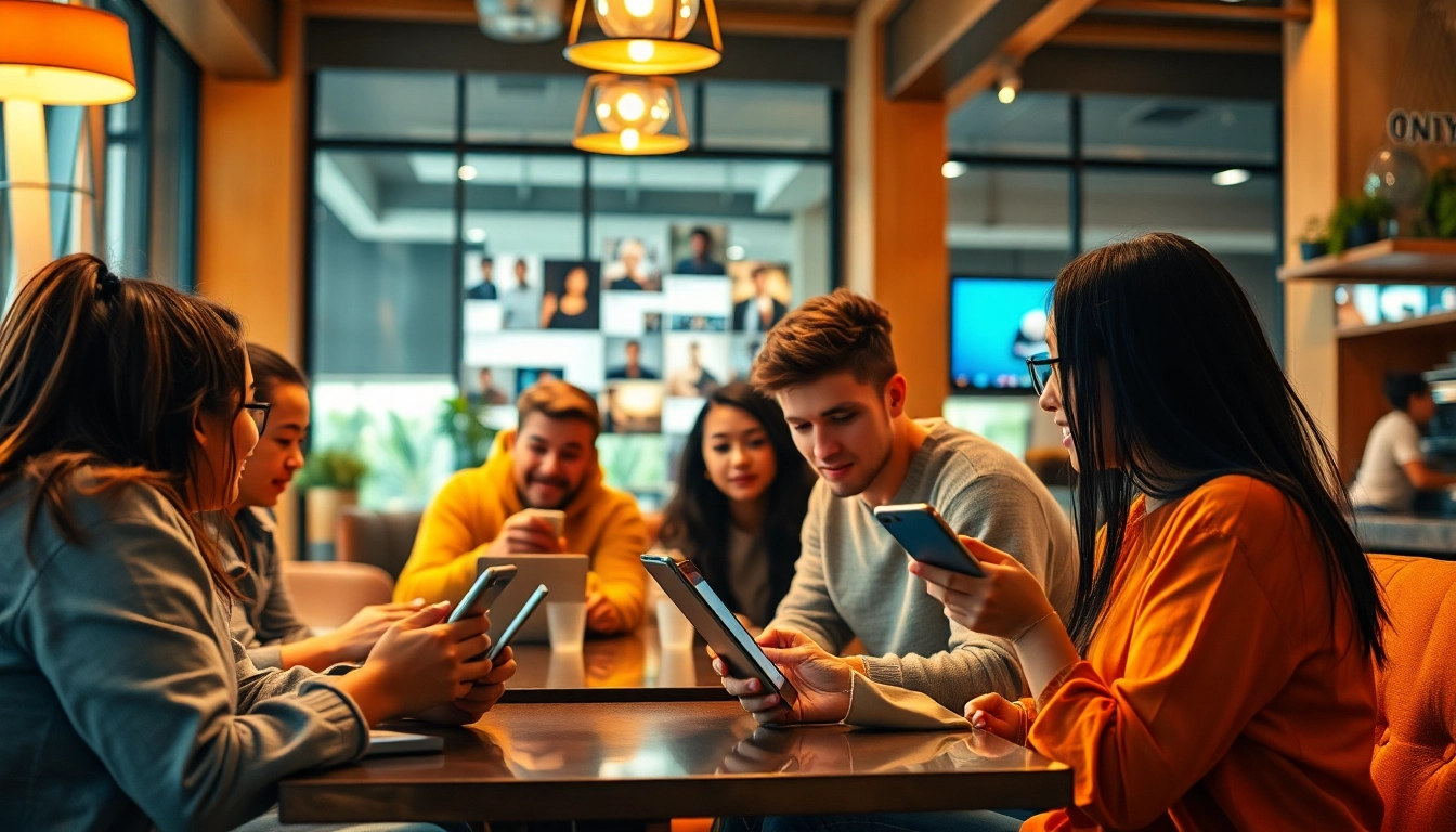 Group of young adults using top OnlyFans discovery tools in a cozy cafe setting.