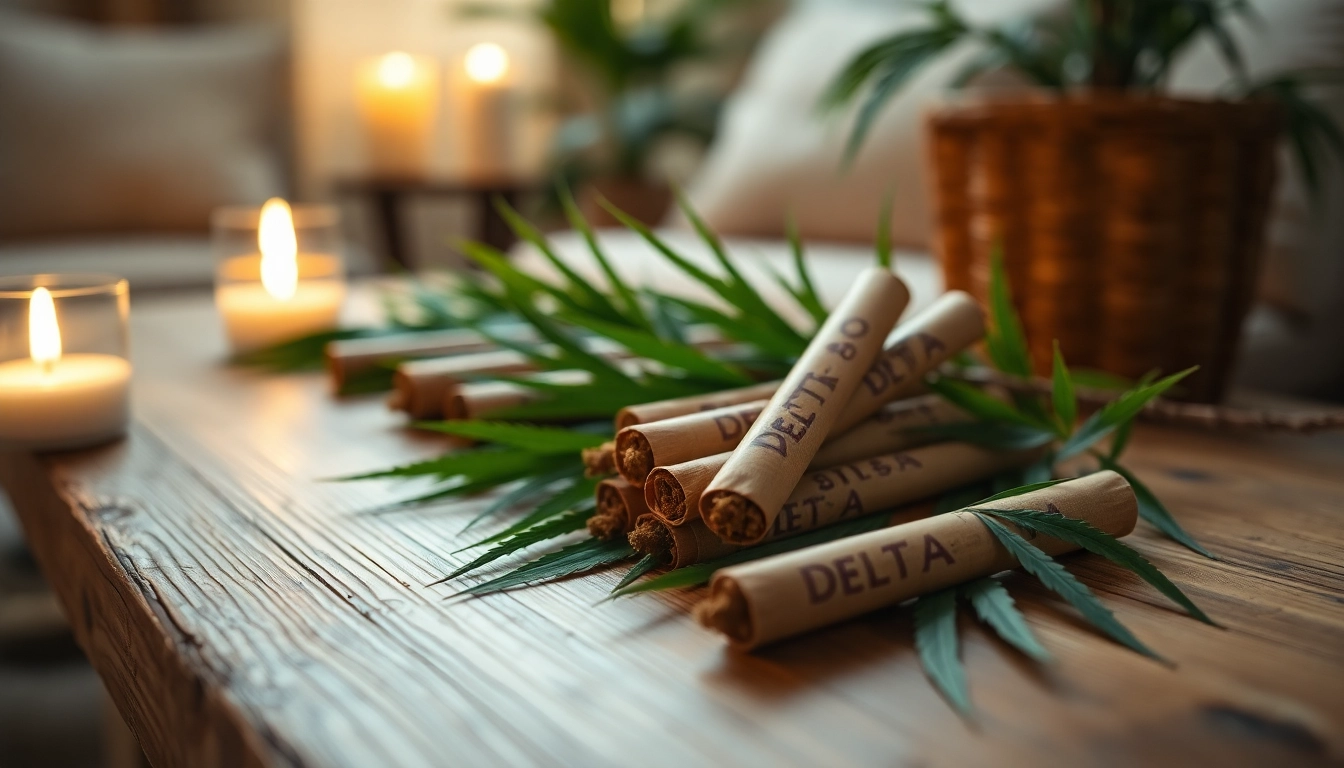 Showcase delta 8 prerolls beautifully arranged with hemp leaves and candlelight ambiance.