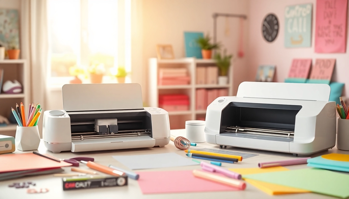 Comparing silhouette vs cricut machines in a vibrant crafting workspace with pastel tones.