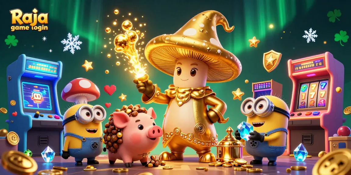 Engage in thrilling gameplay with Raja game login, featuring a golden wizard, treasure pig, and vibrant gaming atmosphere.