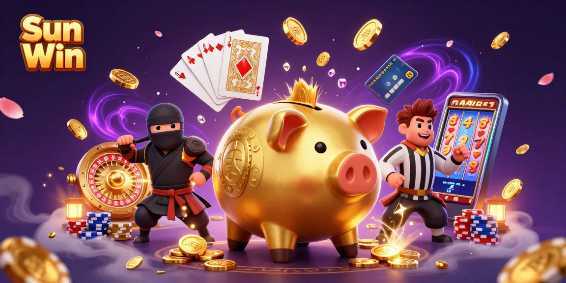 Experience thrilling gameplay with Sun Win as a golden piggy bank sumo wrestler shakes coins and gems.