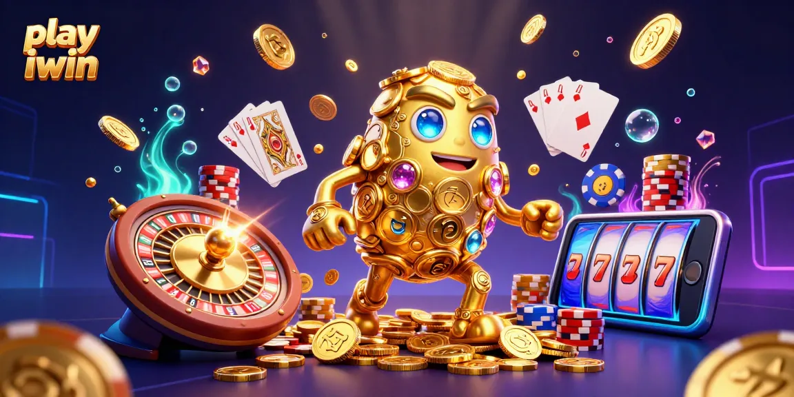 Play iwin exciting games with a vibrant 3D casino scene depicting dynamic slot symbols, golden coins, and roulette.