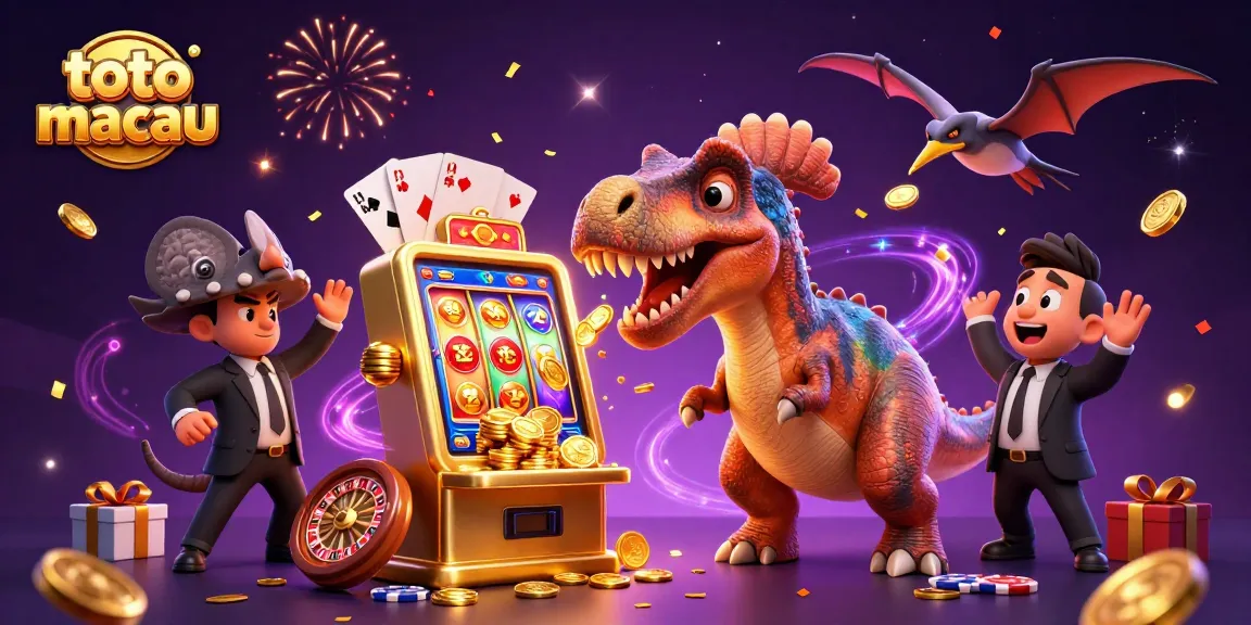 Experience the excitement of toto macau with a dinosaur jackpot celebration, golden coins flying!