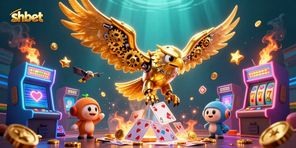 Join shbet's thrilling gaming scene with a cybernetic eagle and winning cards!